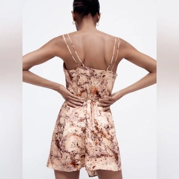 Zara Mini Dress S Satin Effect Wrap Slip Marble Print V-Neck Blogger Fav Neutral - Picture 8 of 9